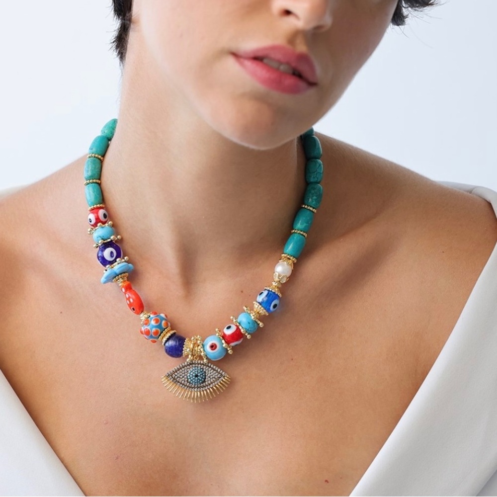 Gemstone Necklace | Natural Agate Stone | Turquoise Evil Eye | Handcrafted